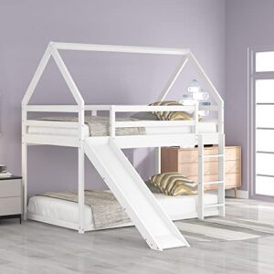 house shape bunk bed with slide and ladder, twin over twin low wooden bed frame with guardrails for teens girls boys, white (white)