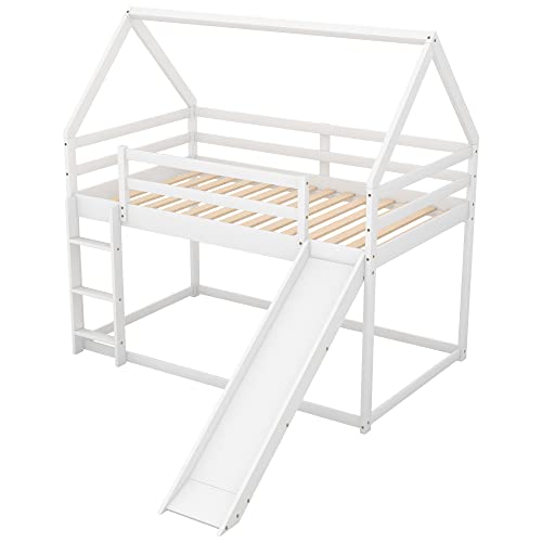 House Shape Bunk Bed with Slide and Ladder, Twin Over Twin Low Wooden Bed Frame with Guardrails for Teens Girls Boys, White (White)
