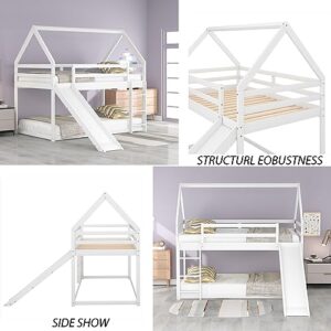 House Shape Bunk Bed with Slide and Ladder, Twin Over Twin Low Wooden Bed Frame with Guardrails for Teens Girls Boys, White (White)