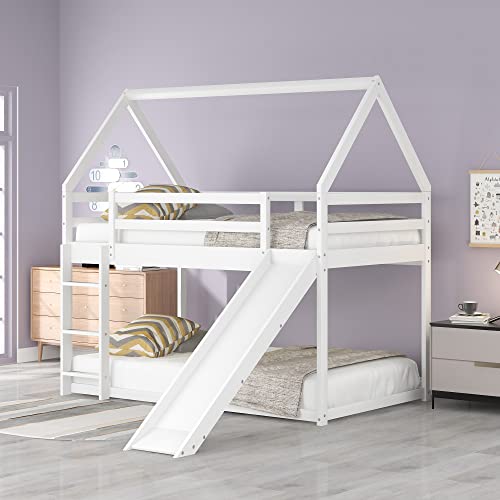 House Shape Bunk Bed with Slide and Ladder, Twin Over Twin Low Wooden Bed Frame with Guardrails for Teens Girls Boys, White (White)