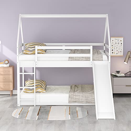 House Shape Bunk Bed with Slide and Ladder, Twin Over Twin Low Wooden Bed Frame with Guardrails for Teens Girls Boys, White (White)