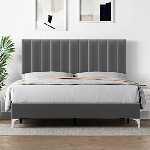 GAOMON Full Size Bed Frame with Headboard, Velvet Upholstered Platform Bed Frame with Adjustable Headboard and Wooden Slats Support, No Box Spring Needed, Easy Assembly, Dark Grey (Full, Grey)