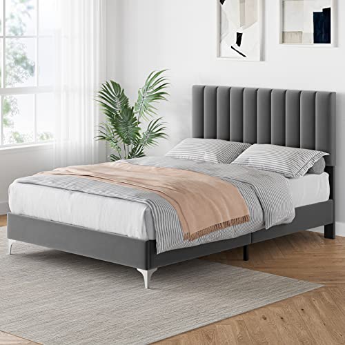 GAOMON Full Size Bed Frame with Headboard, Velvet Upholstered Platform Bed Frame with Adjustable Headboard and Wooden Slats Support, No Box Spring Needed, Easy Assembly, Dark Grey (Full, Grey)