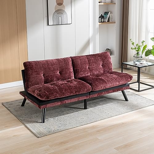 Sofa Bed Futon Couch Convertible Loveseat Sleeper Comfy Foldable Lazy Sofa Small Futons with Adjustable Back Armless Sofabed for Small Spaces, Chenille, Wine Red