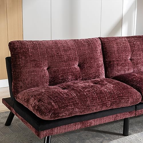 Sofa Bed Futon Couch Convertible Loveseat Sleeper Comfy Foldable Lazy Sofa Small Futons with Adjustable Back Armless Sofabed for Small Spaces, Chenille, Wine Red