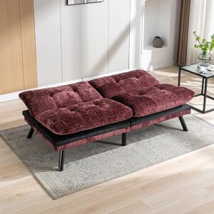 Sofa Bed Futon Couch Convertible Loveseat Sleeper Comfy Foldable Lazy Sofa Small Futons with Adjustable Back Armless Sofabed for Small Spaces, Chenille, Wine Red