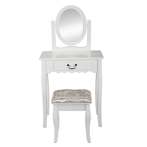 Vanity Table and Chair Set, Makeup Dressing Table with 360° Rotating Mirror and Large Drawer - White,White