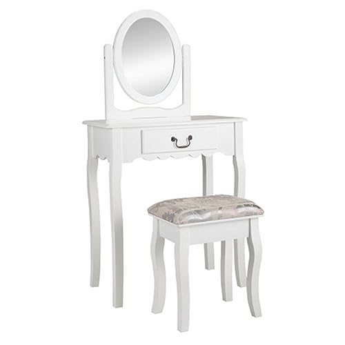 Vanity Table and Chair Set, Makeup Dressing Table with 360° Rotating Mirror and Large Drawer - White,White