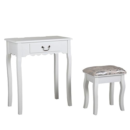 Vanity Table and Chair Set, Makeup Dressing Table with 360° Rotating Mirror and Large Drawer - White,White