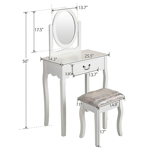 Vanity Table and Chair Set, Makeup Dressing Table with 360° Rotating Mirror and Large Drawer - White,White