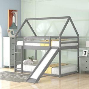 optough house shape twin size bunk bed with ladder and slide,wooden bedframe with full-length safety rail,for kids teens,no spring box need,gray