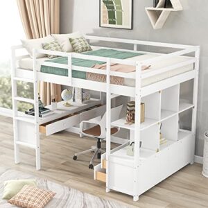 biadnbz full size loft bed with built-in desk and 2 drawers, wooden high loftbed frame w/storage shelves, cabinets and guardrails, for kids teens adults, white