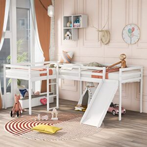 optough l shape twin size loft bed with built-in ladder and slide,wooden low loft-bedframe for kids,teens,no spring box need,white
