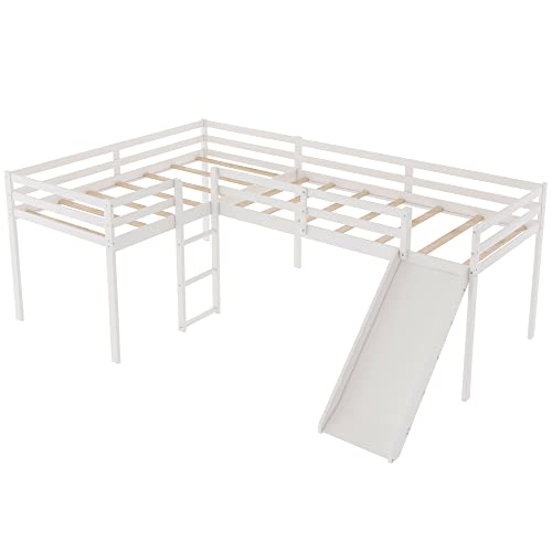 OPTOUGH L Shape Twin Size Loft Bed with Built-in Ladder and Slide,Wooden Low Loft-Bedframe for Kids,Teens,No Spring Box Need,White