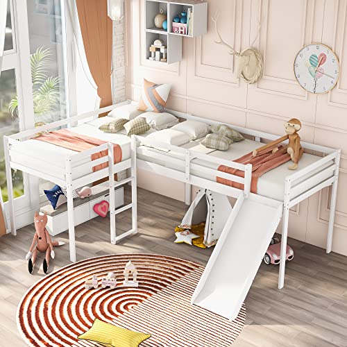 OPTOUGH L Shape Twin Size Loft Bed with Built-in Ladder and Slide,Wooden Low Loft-Bedframe for Kids,Teens,No Spring Box Need,White