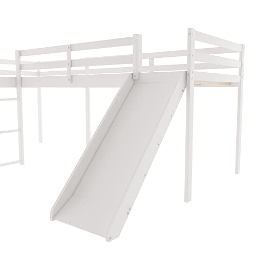OPTOUGH L Shape Twin Size Loft Bed with Built-in Ladder and Slide,Wooden Low Loft-Bedframe for Kids,Teens,No Spring Box Need,White