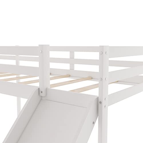 OPTOUGH L Shape Twin Size Loft Bed with Built-in Ladder and Slide,Wooden Low Loft-Bedframe for Kids,Teens,No Spring Box Need,White