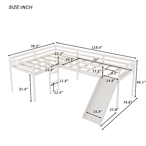 OPTOUGH L Shape Twin Size Loft Bed with Built-in Ladder and Slide,Wooden Low Loft-Bedframe for Kids,Teens,No Spring Box Need,White