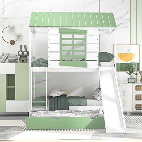 BIADNBZ Wooden Twin Over Twin House Bunk Bed with Convertible Slide and Ladder, Versatile Playhouse BunkBed Frame w/Trundle&Roof&Window for Kids Boys Girls Bedroom, White+Green