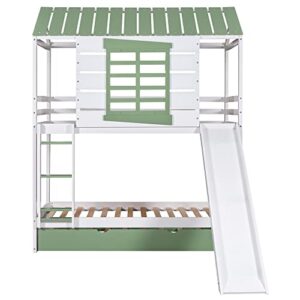 BIADNBZ Wooden Twin Over Twin House Bunk Bed with Convertible Slide and Ladder, Versatile Playhouse BunkBed Frame w/Trundle&Roof&Window for Kids Boys Girls Bedroom, White+Green