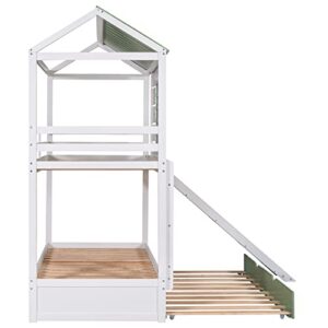 BIADNBZ Wooden Twin Over Twin House Bunk Bed with Convertible Slide and Ladder, Versatile Playhouse BunkBed Frame w/Trundle&Roof&Window for Kids Boys Girls Bedroom, White+Green