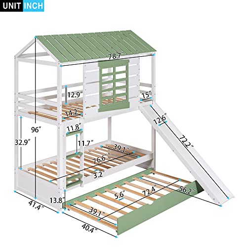 BIADNBZ Wooden Twin Over Twin House Bunk Bed with Convertible Slide and Ladder, Versatile Playhouse BunkBed Frame w/Trundle&Roof&Window for Kids Boys Girls Bedroom, White+Green