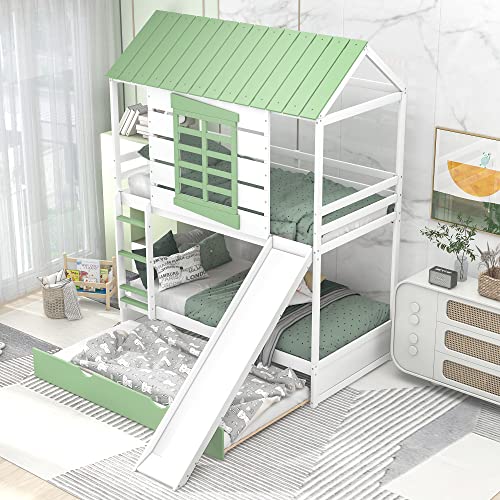 BIADNBZ Wooden Twin Over Twin House Bunk Bed with Convertible Slide and Ladder, Versatile Playhouse BunkBed Frame w/Trundle&Roof&Window for Kids Boys Girls Bedroom, White+Green