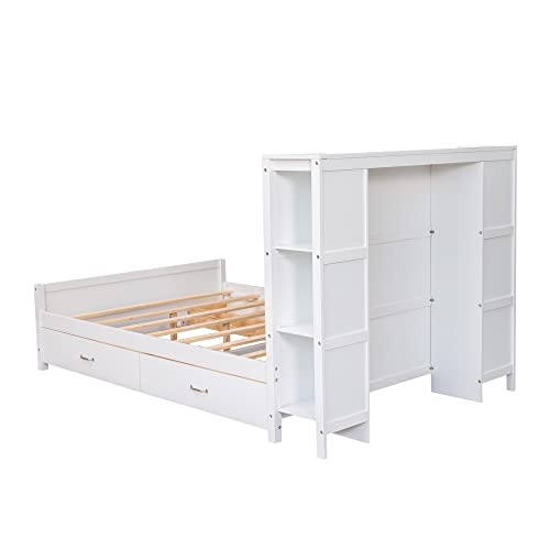 BIADNBZ Full Size Bed Frame with 4 Drawers and Headborad Storage, Wooden Versatile Platform Bedframe for Kids Teens Adults Bedroom, White