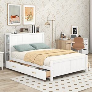 biadnbz full size bed frame with 4 drawers and headborad storage, wooden versatile platform bedframe for kids teens adults bedroom, white