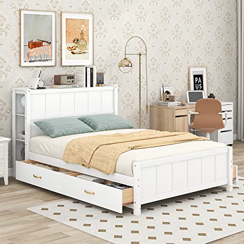 BIADNBZ Full Size Bed Frame with 4 Drawers and Headborad Storage, Wooden Versatile Platform Bedframe for Kids Teens Adults Bedroom, White