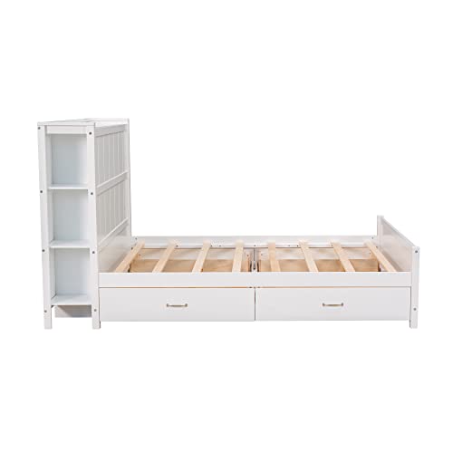 BIADNBZ Full Size Bed Frame with 4 Drawers and Headborad Storage, Wooden Versatile Platform Bedframe for Kids Teens Adults Bedroom, White