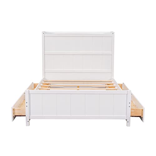 BIADNBZ Full Size Bed Frame with 4 Drawers and Headborad Storage, Wooden Versatile Platform Bedframe for Kids Teens Adults Bedroom, White