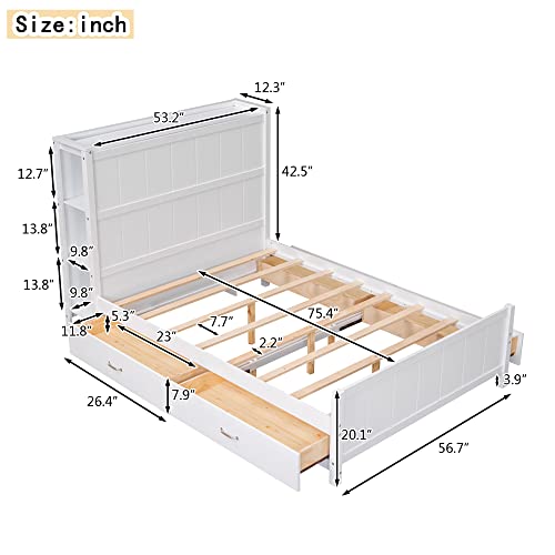 BIADNBZ Full Size Bed Frame with 4 Drawers and Headborad Storage, Wooden Versatile Platform Bedframe for Kids Teens Adults Bedroom, White