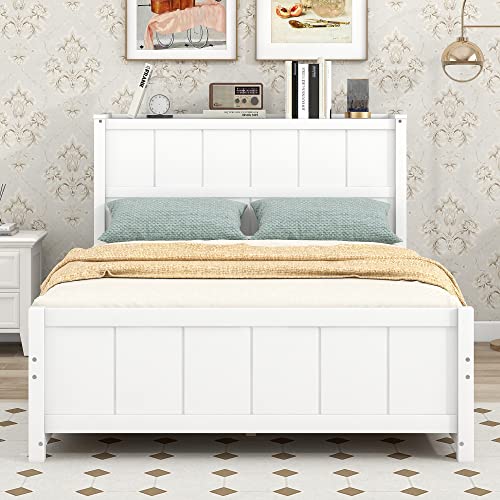 BIADNBZ Full Size Bed Frame with 4 Drawers and Headborad Storage, Wooden Versatile Platform Bedframe for Kids Teens Adults Bedroom, White