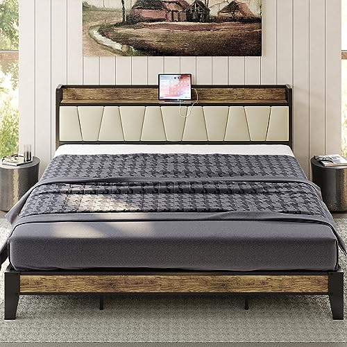 LIKIMIO King Bed Frame, Storage Headboard with Charging Station, Solid and Stable, Noise Free, No Box Spring Needed, Easy Assembly (Walnut and Beige)