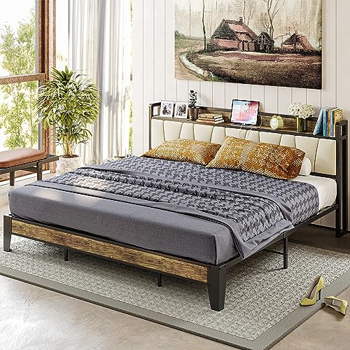 LIKIMIO King Bed Frame, Storage Headboard with Charging Station, Solid and Stable, Noise Free, No Box Spring Needed, Easy Assembly (Walnut and Beige)