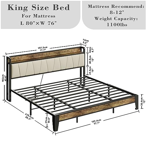 LIKIMIO King Bed Frame, Storage Headboard with Charging Station, Solid and Stable, Noise Free, No Box Spring Needed, Easy Assembly (Walnut and Beige)