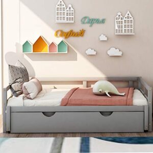 Altillo Twin Size Daybed, Wooden Daybed with Trundle Bed, Extendable Daybed, Sofa Bed with Trundle, Wood Daybed Twin Size for Living Room Bedroom (Grey)