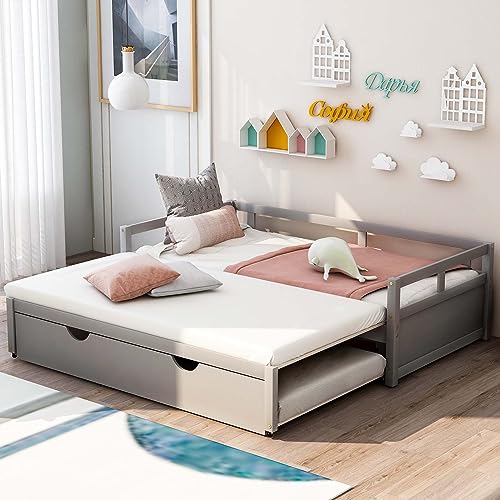 Altillo Twin Size Daybed, Wooden Daybed with Trundle Bed, Extendable Daybed, Sofa Bed with Trundle, Wood Daybed Twin Size for Living Room Bedroom (Grey)