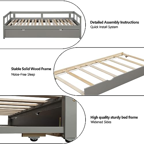 Altillo Twin Size Daybed, Wooden Daybed with Trundle Bed, Extendable Daybed, Sofa Bed with Trundle, Wood Daybed Twin Size for Living Room Bedroom (Grey)