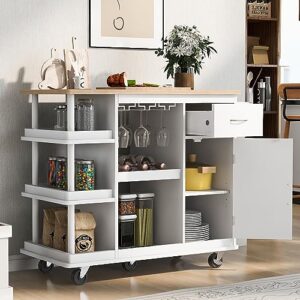 kitchen island cart on wheels with storage drawers, multipurpose kitchen cart cabinet with side storage shelves and wine rack kitchen island with rubber wood top for dining room, home, bar, white