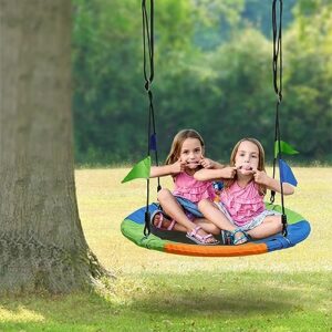 3.2ft saucer tree swing, round outdoor swing for 3kids/2adults-661lb weight capacity, 900d oxford waterproof, tree hanging straps, adjustable ropes, steel frame, swing seat for children backyard