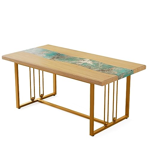 Tribesigns 63 Inches Dining Table with Amazonian Green Faux Marble & Light Brown Finish, Modern Kitchen Tables with Stylish Metal Legs, Rectangular Restaurant Table for 4, Easy Assembly, Only Table