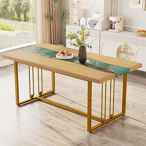 Tribesigns 63 Inches Dining Table with Amazonian Green Faux Marble & Light Brown Finish, Modern Kitchen Tables with Stylish Metal Legs, Rectangular Restaurant Table for 4, Easy Assembly, Only Table