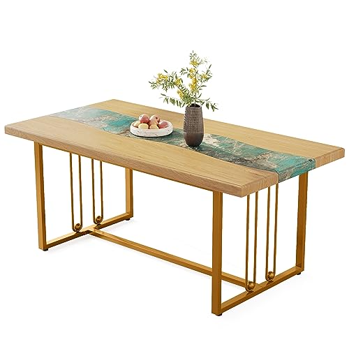 Tribesigns 63 Inches Dining Table with Amazonian Green Faux Marble & Light Brown Finish, Modern Kitchen Tables with Stylish Metal Legs, Rectangular Restaurant Table for 4, Easy Assembly, Only Table