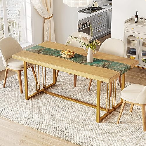 Tribesigns 63 Inches Dining Table with Amazonian Green Faux Marble & Light Brown Finish, Modern Kitchen Tables with Stylish Metal Legs, Rectangular Restaurant Table for 4, Easy Assembly, Only Table