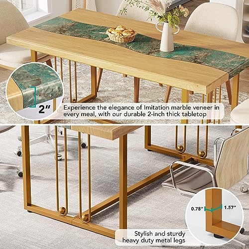 Tribesigns 63 Inches Dining Table with Amazonian Green Faux Marble & Light Brown Finish, Modern Kitchen Tables with Stylish Metal Legs, Rectangular Restaurant Table for 4, Easy Assembly, Only Table