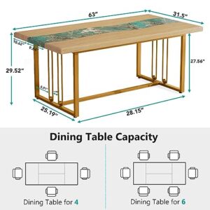 Tribesigns 63 Inches Dining Table with Amazonian Green Faux Marble & Light Brown Finish, Modern Kitchen Tables with Stylish Metal Legs, Rectangular Restaurant Table for 4, Easy Assembly, Only Table