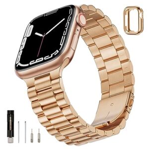 sunfwr compatible with apple watch band 45mm 44mm 42mm for men women, stainless steel metal iwatch band with case for apple watch series 8/7/6/5/4/3/2/1/se/se2 (rose gold, 42mm/44mm/45mm)