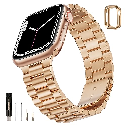 SUNFWR Compatible with Apple Watch Band 45mm 44mm 42mm for Men Women, Stainless Steel Metal iWatch Band with Case for Apple Watch Series 8/7/6/5/4/3/2/1/SE/SE2 (Rose Gold, 42mm/44mm/45mm)